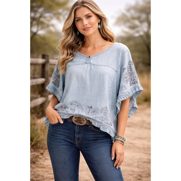 Ariat Tops - Ariat Boho Western Chambray Top Womens Large Paisley Ruffle Festival